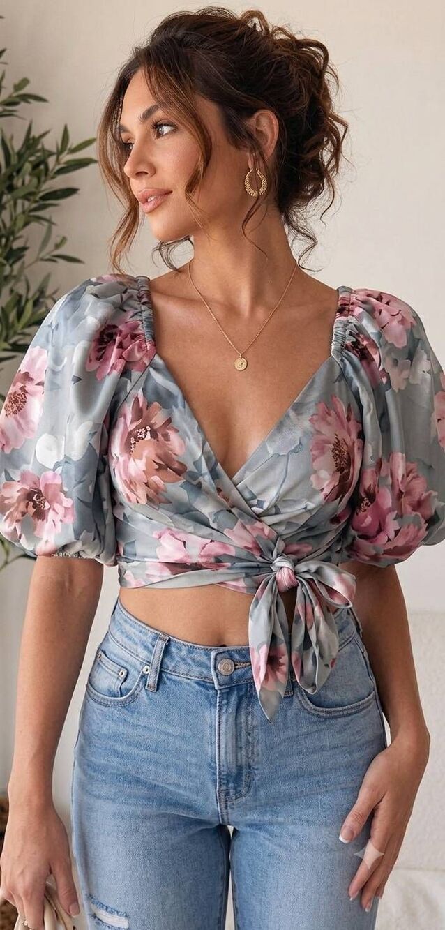 Express Blue Floral Satin Wrap Crop Top 2 Boho Preppy Femme Coquette Trendy Spri